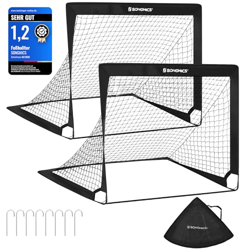 SONGMICS Fußballtore für Kinder, 2er Set, Pop-up, schneller Aufbau, Garten, Park, Strand, Gerüst aus Glasfaserstäben, Oxford-Gewebe und Polyesternetz, schwarz SZQ122B02
