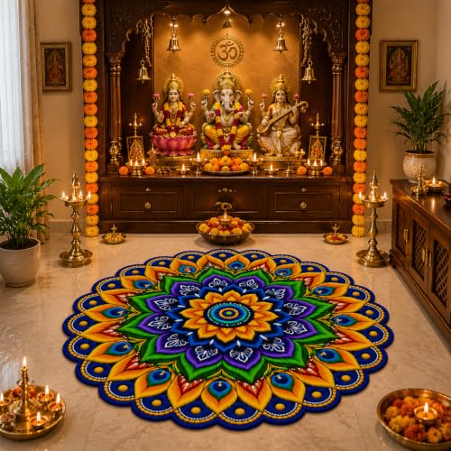 Image of 3D Rangoli | Floral | Mandala Art | Door Mat | Water Absorbent, Anti-Skid, Machine Washable Floor Mat | Soft Microfiber Carpet for Home, Living Room & Bedroom | Premium Mat (Mandala Art 1, Round)
