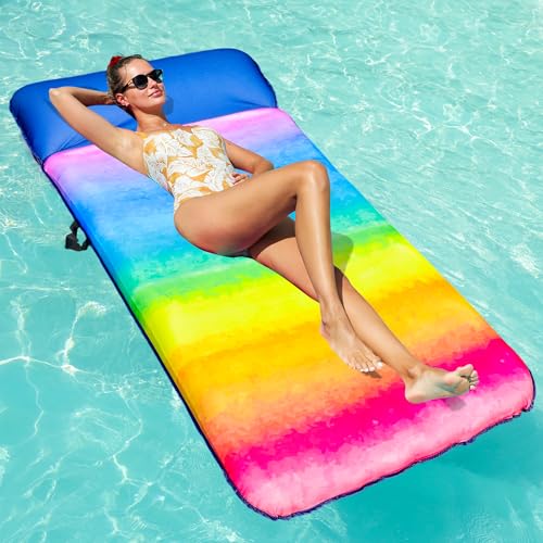 FindUWill Oversized Pool Float Lounger 72 X-Large Fabric Covered Pool Floats Adult with Headrest Ultra Comfort Inflatable Pool Floaties Pool Raft for Swimming Floating (Rainbow)