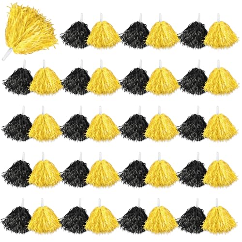 Lenwen 40 Pack Pom Poms Cheerleading Sports Dance Spirited Plastic Cheer Pompom Cheerleading Poms with Handles for Adults Rooters Sports Team Cheering Party (Black and Yellow)