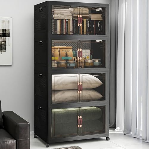 Image of UAMFURI Stackable Storage Bins with Lids, 720QT Lockable Storage Cabinet, Foldable Storage Box with Doors and Wheels, Plastic Drawers for Home, Garage, Office (4, Black, Extra Large)