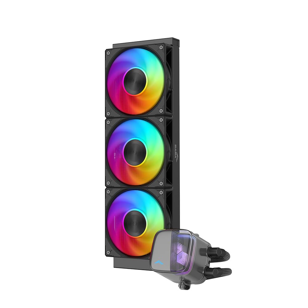 SAMA L70 Dissipatore di calore a liquido per CPU da 360 mm con effetto specchio infinito ARGB, 3 ventole ARGB PWM da 120 mm, a basso rumore, per AMD: AM4 AM5/Intel LGA 1700/1150/1151/1200/1851-Nero