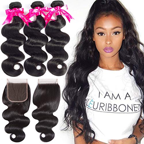 Flady Malaysian Body Wave 3 Bundles with Closure 7a Unprocessed Malaysian Virgin Hair with Three Part Closure Natural Black Human Hair Bundles With Closure (16 18 20+14inch closure)