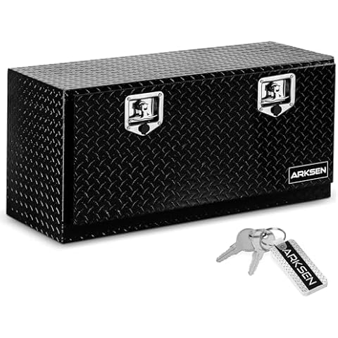 ARKSEN 36 Inch Heavy Duty Aluminum Diamond Plate Tool Underbody Box, Waterproof Square Truck Storage Organizer Chest for Pick Up Truck Bed, RV Trailer with T-Handle Lock and Keys - Black Cover