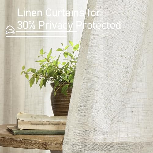 LAMIT Natural Linen Semi Sheer Curtains 63 Inch for Bedroom, Light Filtering Neutral Window Curtains Farmhouse Boho Back Tab and Rod Pocket Panels, Natural Cream Ivory, 2 Panels, 38 x 63 Inch