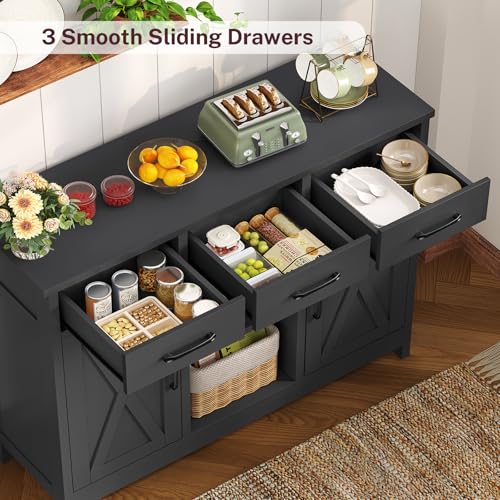 Image of TEENFON Coffee Bar Cabinet with 3 Drawers, Farmhouse Buffet Cabinet | Kitchen Buffet Sideboard Cabinet with 2 Adjustable Shelves & 2 Doors, for Kitchen Room, Dining Room, Living Room, Black