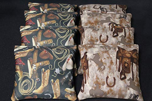 BackYardGamesUSA Cowboy Boots Horses Western Saddles - All Weather or Corn Filled Cornhole Bags - Set of 8 Regulation Size Duck Canvas Cornhole Toss Bean Bags (Corn Filled)