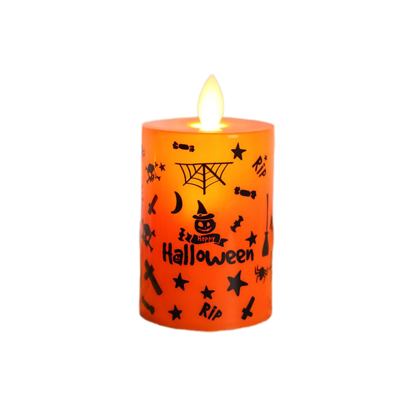 1 Pc Halloween Orange Flameless Candles Battery Operated Wax Candles Graffiti Pattern Electronic Battery Light Flickering Flame LED Electronic Candle Light for Halloween Decor, Day of The Dead, M