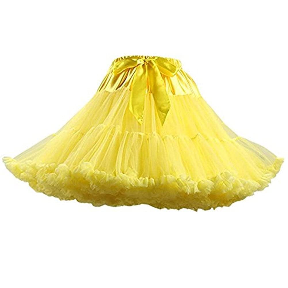 Philaeec Women's Yellow Elastic Waist Chiffon Petticoat Puffy Tutu Tulle Skirt Multi-Layer Cosplay Fluffy Skirt Underskirt, Length 40Cm, Waist 55-95Cm (Yellow)