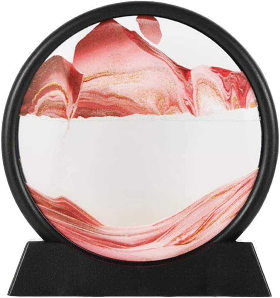 Moving Sand Art Picture,Dynamic Sand Picture,Mountains Valleys Sandscapes in Motion,3D Glass Desktop Room Ornament Craft, Quicksand Painting with Base,7 Inch (Red)