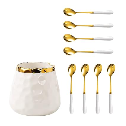 Fvstar Stainless Steel Coffee Dessert Spoon Dessert Fork Dinnerware Set,Ceramic Jar with 4 Forks and 4 Spoons,Creative Flatware Set for Coffee,Cold Drink,Dessert,Party Tableware (White- 8pcs Spoons)