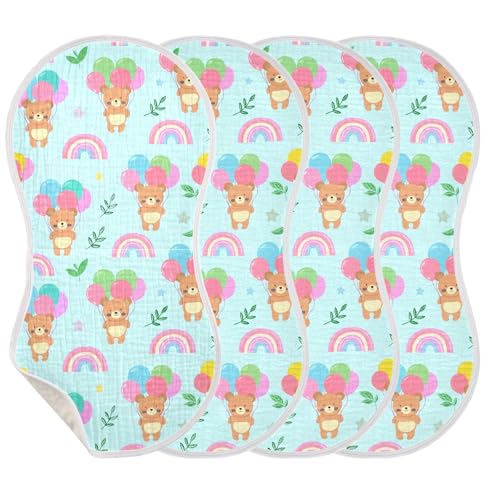 Balloon Bears Pattern Muslin Baby Burp Cloths - Super Absorbent and Soft Burping Rags - Cotton Burp Clothes Set for Boys and Girls, 4 Pack
