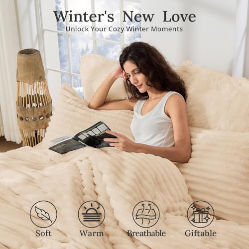 Image of Sasttie King Comforter Set 3 Pieces - Super Soft Fleece Comforters King Size, 1 Luxury Warm Fuzzy Marshmallow Comforter with 2 Pillow Cases, Faux Fur Down Alternative Bedding Set, Beige
