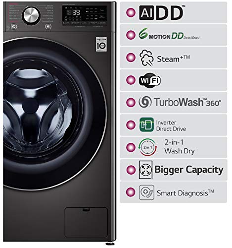 Image of LG 10.5 Kg / 7.0 Kg Wi-Fi Inverter AI Direct-Drive Fully Automatic Front Load Washer-Dryer (FHD1057STB, Steam+, In-built Heater, 6 Motion DD, Black Steel)