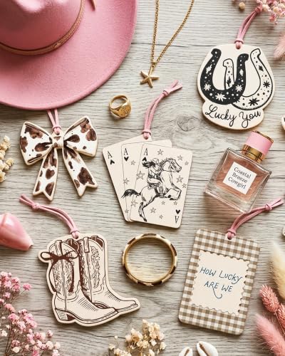 Image of Car Air Fresheners for Women, 5 Pack Western Cowgirl Hanging Car Freshener, Cute Car Accessories with Cow Print Bow, Cowboy Boots & Lucky Horseshoe, Rear View Mirror Ornament