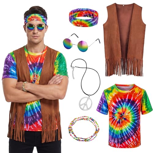 Kitimi Hippie Kostüm Herren Damen Set, 60er 70er Jahre Outfit Herren, Retro Disco Hippie Kostüm Herren mit Fransenweste Farbiges T-Shirt und Hippie Accessoires für Cosplay Maskenbälle Karneval Kostüm