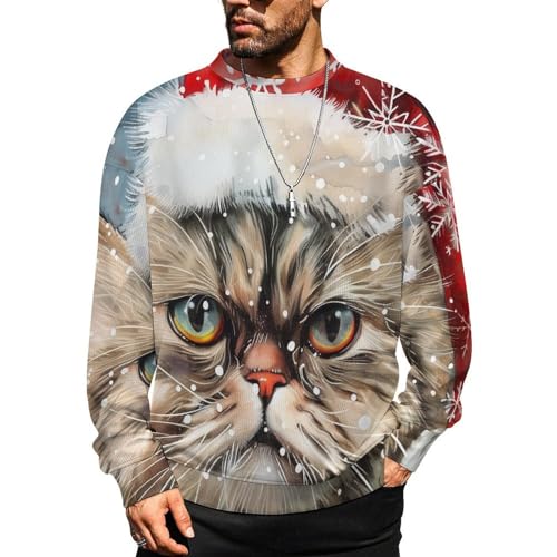 Mens Crewneck Sweater Christmas Persian Cat Snowflakes Crew Neck Sweater for Men Casual Party Holiday Pullover