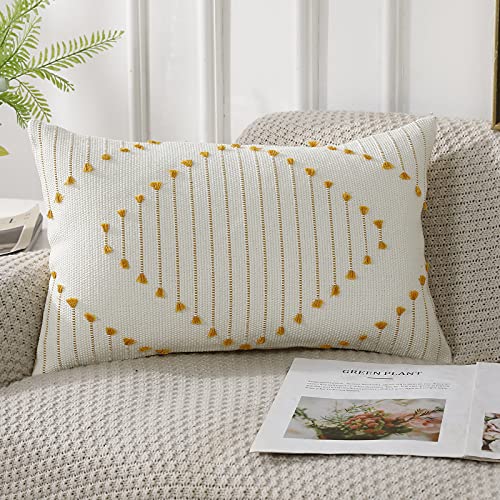 Panod Knitted Boho Tufted Throw Pillow Covers With Tassel 12X20 Inch, Decorative Indoor Outdoor Bohemian Lumbar Cushion Case Pillowcase For Couch Sofa Livingroom Car Farmhouse Yellow And Cream White #TOP15
