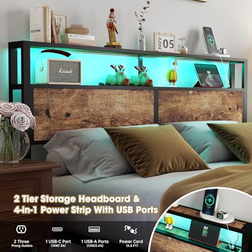 Image of King Size Bed Frame with Headboard, Metal Platform Bed Frame with LED Lights & Charging Station, Under Bed Storage, Solid and Stable, No Box Spring Needed, Noise Free, Easy Assembly, Vintage Brown