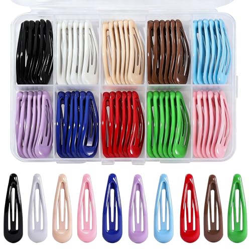 FLOYEUML 60 Pcs Metal Snap Hair Clips with Plastic Storage Box 2 Inch Hair Barrettes for Women Girls 10 Assorted Colors Non-Slip Metal Barrettes for Daily Hairstyling