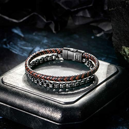 Murtoo Mens Bracelet Leather Braided Stainless Bracelet 316L Chain Black Brown Leather Magnetic Clasp Gift for Men