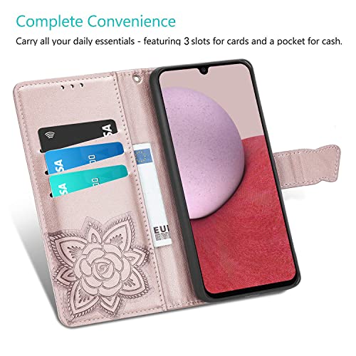 Digplus Galaxy A14 5G Wallet Case, [Butterfly & Flower Embossed] Leather Wallet Case Flip Protective Phone Cover With Card Slots And Kickstand For Samsung Galaxy A14 5G (Rose Gold) #TOP1