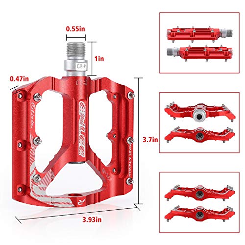 MatyKit S Shape Mountain Bike Pedals of Lightweight, Specialized 9/16" UD Bearings Ultra Strong Colorful CNC Machined Alloy Bicycle Non-Slip Pedal, Anodizing Sealed 3 Bearing Cycling Pedals (Red)