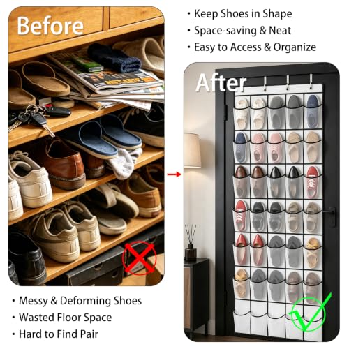35 Pockets Over The Door Shoe Organizer, Large Breathable Mesh Hanging Shoe Rack with 4 Metal Hooks, Space Saving White Over Door Shoe Storage Holder Mesh Bag for Closet Entryway Bedroom Pantry - Image 6