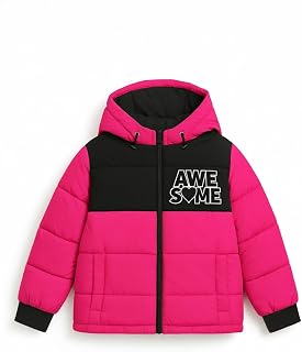 Trampoline Girls Pink and Black Colourblocked Hooded Puffer Jacket Price In India