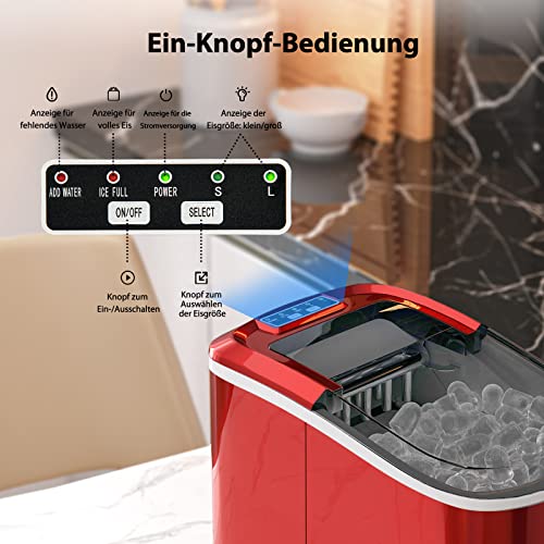 COSTWAY 2,2 L Eiswürfelmaschine 12kg/24H, Ice Maker 9 Eiswürfel in 6-13min, Elektrischer Eiswürfelbereiter mit Korb Schaufel 2 Eisgrößen (Rot) – Bild 7