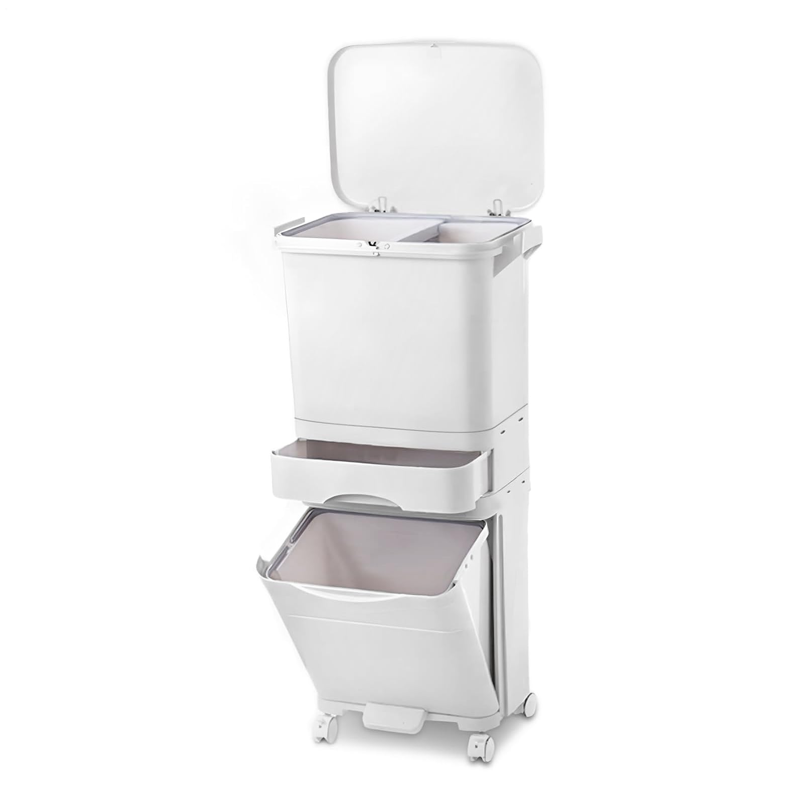 Genérico Cubo de basura de cocina de 42 L con 3 compartimentos, cubo de reciclaje grande de pp, sistemas de separación de residuos, cubo de basura con pedal, tapa con ruedas y asa para cocina