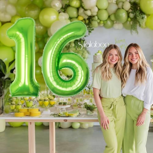 Image of 40 Inch Green Number 16 Balloon Lime Big Large Helium Number 0-9 | Giant Digital 16th Foil Mylar Party Balloon for Birthday Party Anniversary Graduation Decorations