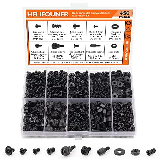 HELIFOUNER 450 Pieces Computer Standoffs Screws Assortment Kit for 2.5" SSD, Hard Drive, Computer Case, Motherboard, Fan Power Graphics with Screwdriver, Black