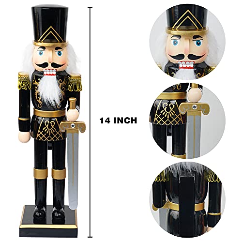 FUNPENY 14\" Christmas Decorative Nutcracker Figures, Wooden Black Soldier in Black Uniform Hold Sword, Festive Collectible Nutcracker Gift for Indoor Winter Table Desktop Fireplace Decorations - Thumbnail 6