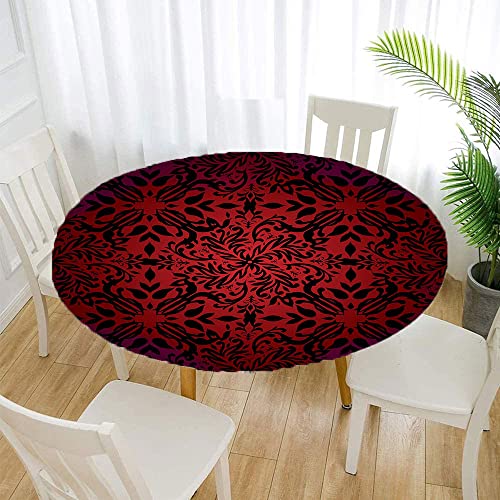 Red And Black Round Table Cloth, Mandala Oriental Design Flowers And Leaves Frame Image, Elastic Edge, Suitable For Wedding/Banquet/Restaurant/Party, Fit For 48" Table, Vermilion Black #TOP1