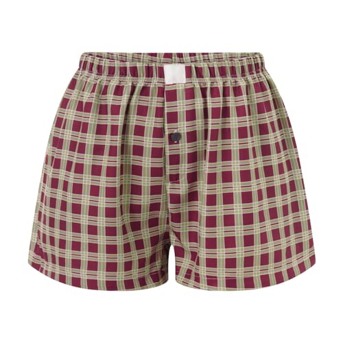 Image of Women Pajamas Shorts Micro Boxer Shorts Y2K Cute Gingham Sleep Lounge Shorts Checkered Plaid Button Pj Mini Shorts