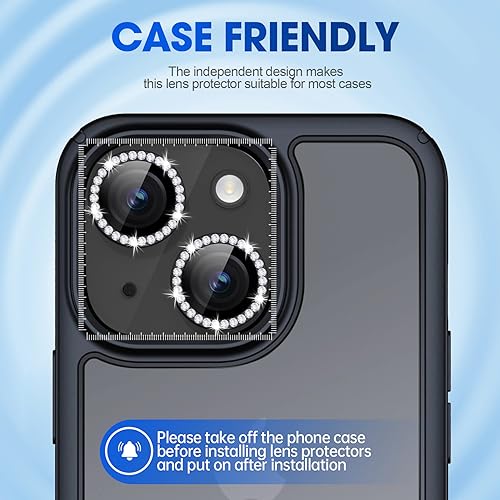 Image of Glass Camera Lens Protector Compatible For Iphone 15 /15 Plus Bling,Individual Metal Diamond Ring 9H Hardness Scratchproof Protector,Stylish Accessories,Case Friendly(Black Diamond)