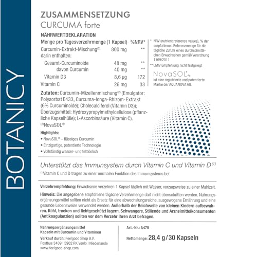 BOTANICY Curcuma forte - 30 Kurkuma Kapseln - Flüssiges NovaSOL Curcumin plus Vitamine C und D - Hochdosiert, Hohe Bioverfügbarkeit, Ohne Piperin - Laborgeprüft in Deutschland