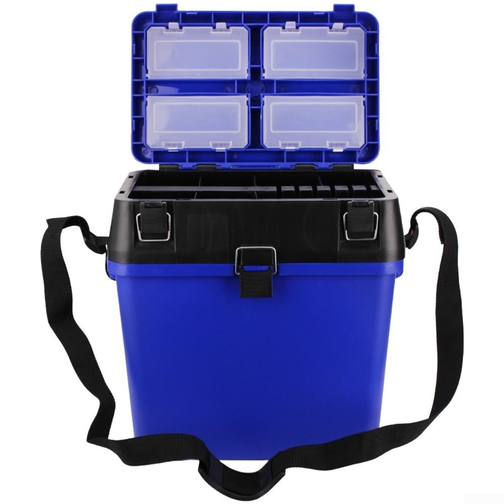 Caja de aparejos de pesca con correas ergonómicas, asiento desmontable, interior modular y sistema de hebilla superior segura (azul)