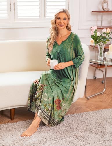 Ekouaer Long Nightgown for Women 3/4 Sleeves Nightshirt Maxi Sleep Dress Plus Size Loungewear Full Length Sleepwear4