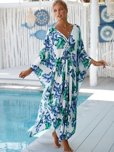 Image of IMAGEKOPE Women's Plus Size Animal Print V-Neck Batwing Kaftan Beach Dress Bathing Suit Cover-Up Loungewear