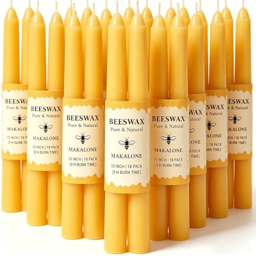 Image of Beeswax Taper Candles,100% Natural Bees Wax Candle Sticks,18 Pack,10 Inch | 100% Pure,8 H long clean burning,dripless,smokeless yellow tapered candlesticks for home,dinner table,prayer,wedding