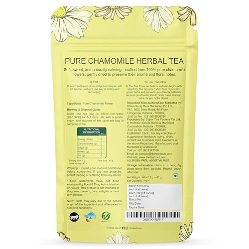 Image of The Tea Trove Pure Chamomile Tea Bags Organic - 40 Eco-Friendly Caffeine Free Camomile tea in Resealable pouch - Steep Hot Or Iced | Pack of 1, 40 grams