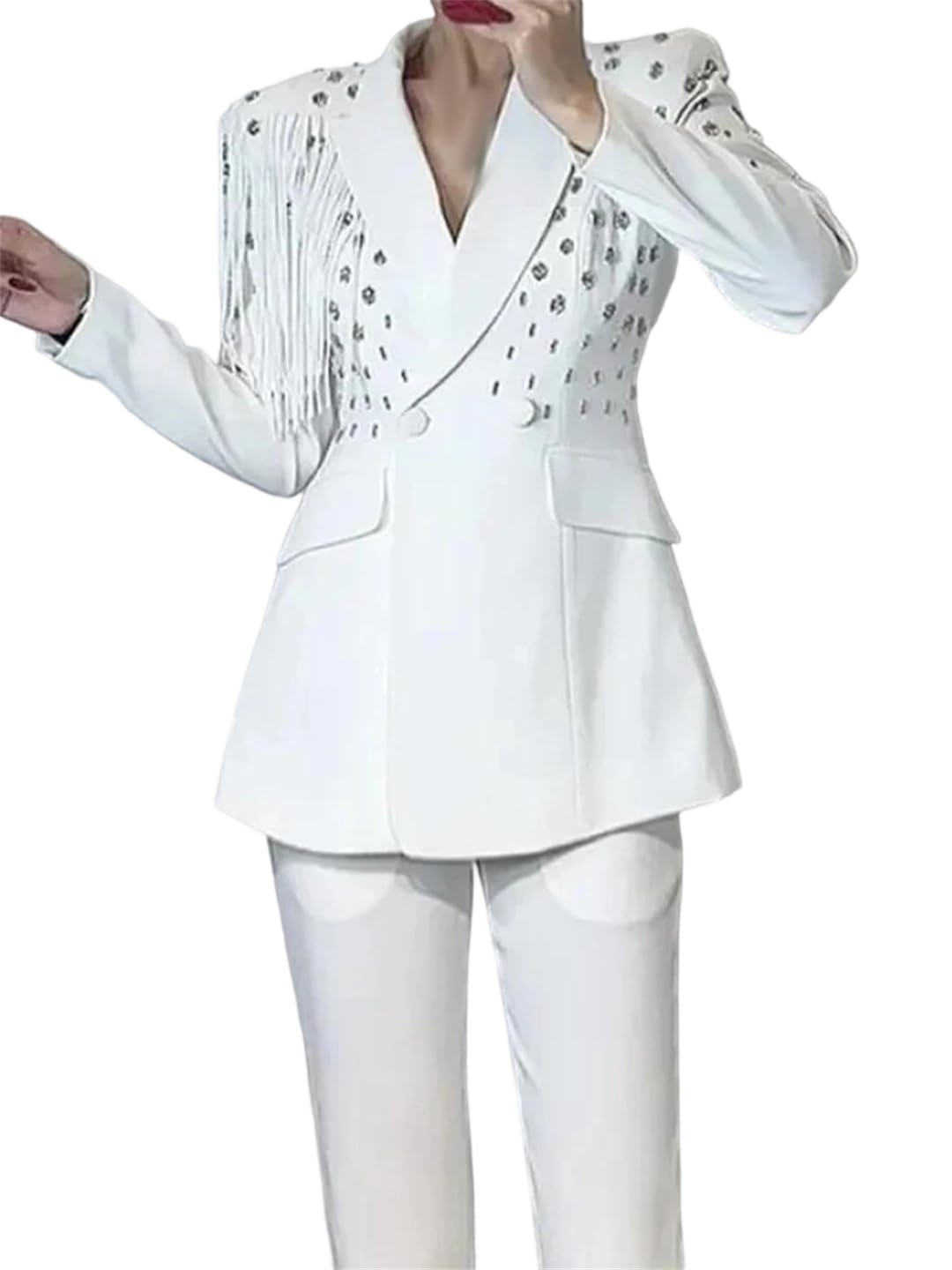 Women Loose Rhinestones Spliced Blazer Lapel Long Sleeve Tunic Coat for Party Evening Wear