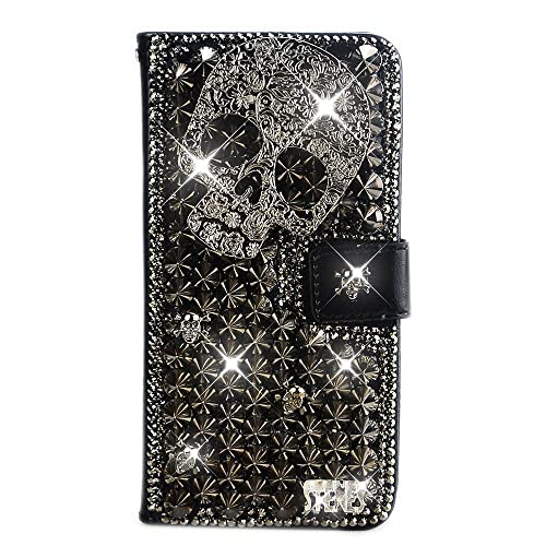 Fairy Art Crystal Wallet Phone Case Compatible With Iphone 13 Mini - Punk Rivet Skull - Black - 3D Handmade Sparkly Glitter Bling Leather Cover With Screen Protector & Neck Strip Lanyard #TOP9