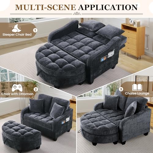 Image of Oversized Chair and A Half, Chenille Tufting Accent Cozy Reading Sofa Chair with Storage Ottoman, Upholstered Loveseat Chaise Lounge Sofa with Adjustable Back for Living Room, Office, Sunroom, Black