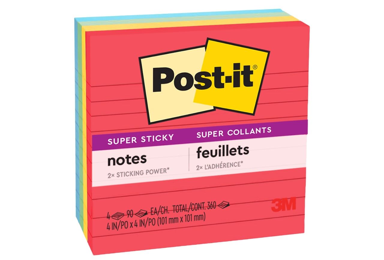 Post-it Super samoprzylepne karteczki w linie, 4 karteczki samoprzylepne, 10 x 10 cm, przybory szkolne i produkty biurowe, idealne do podręczników, notebooków, ścian i powierzchni pionowych, kolekcja