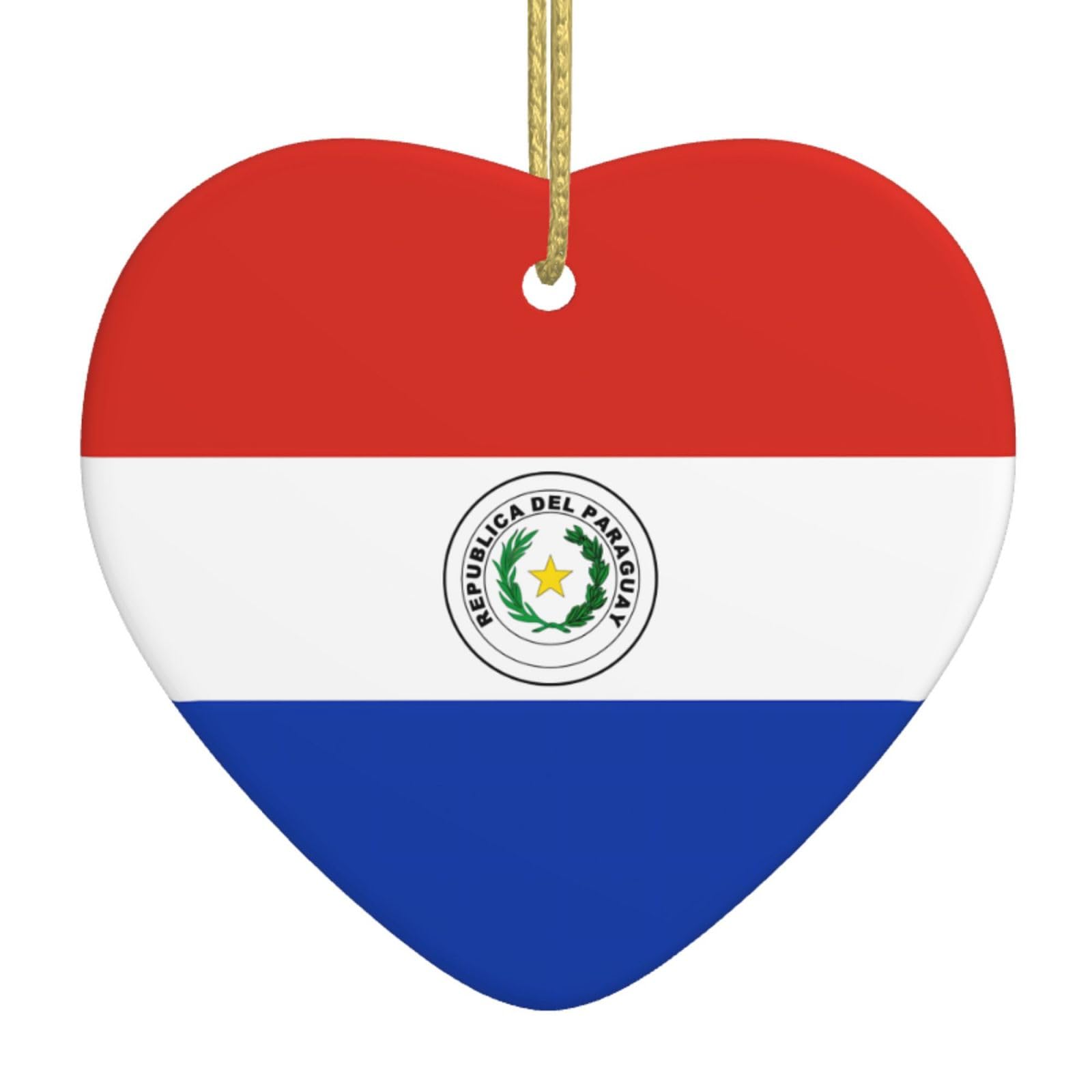 Flag of Paraguay Ceramic Christmas Heart Pendant with Silk Thread, Christmas Tree Home Decoration