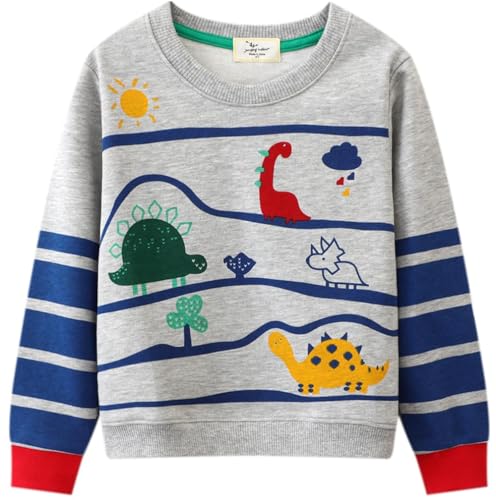 Image of Popshion Toddler Boys Sweatshirts Dinosaur Long Sleeve Pullover Crewneck Shirts Cartoon Tee Sport Tops for Kids 1-8T