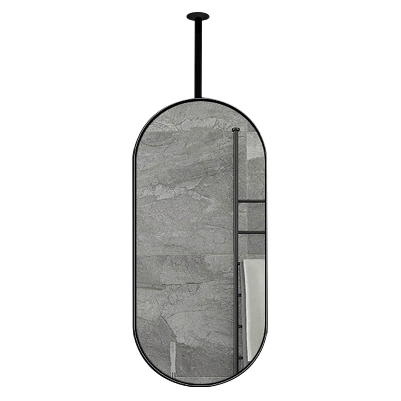 FGXHHS Oval Hanging Pole Ceiling Mount Mirrors Bathrooms Black Metal Frame Floating Suspended Home Décor Vanity Make-up Mirror(40cmx70cm)